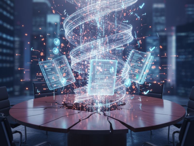 "Floating digital screens and data streams above a round table—depicting real-time transcription and insights powered by Fathom meeting notes and AI meeting assistant."