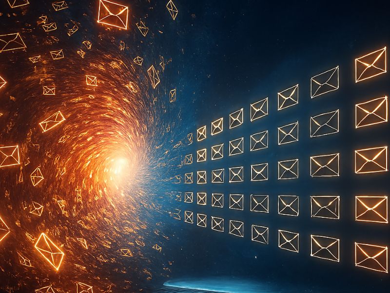 Photorealistic AI entity sorting holographic emails midair, illustrating graceful precision in AI email automation and inbox clarity.
