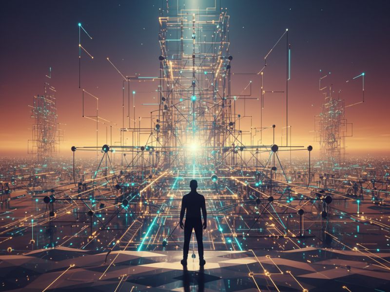 Individual standing before a glowing digital interface with beams of light radiating outward, symbolizing the intuitive power of AI modeling tools in data-driven environments.