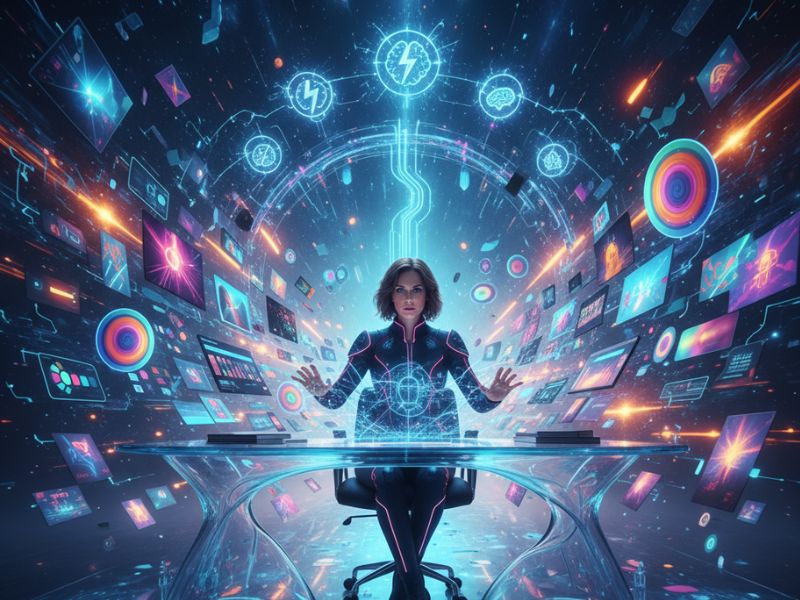 "User at a desk immersed in holographic dashboards and vibrant digital elements—depicting creative workflow enhancement using Canva AI tools."