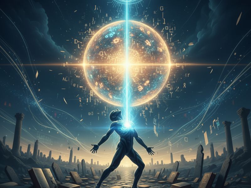 Humanoid figure reaching for radiant orb with intersecting beams—depicting enlightenment and intuitive access in AI powered search."