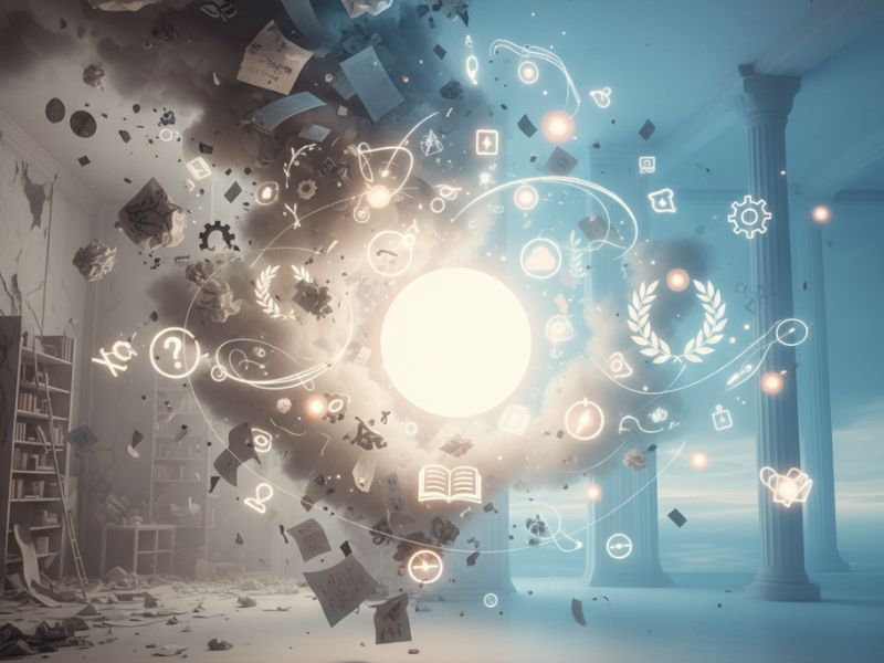 Chaotic burst of gears, numbers, and light around a central orb—symbolizing dynamic data processing and automation in Notion AI features."