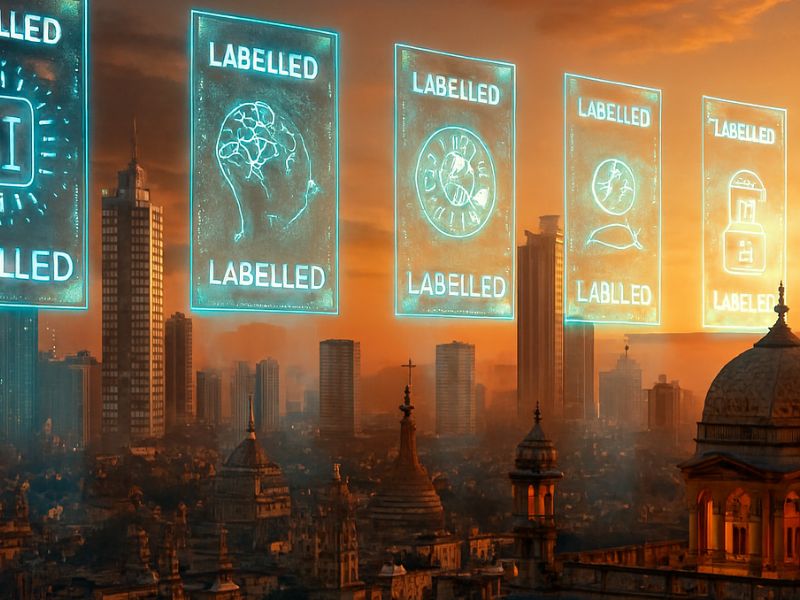Alt Text: “Augmented reality meets ethics — holographic AI tools labeled ‘LABELS’ hover above a city skyline, highlighting tech updates in data classification and regulation.”