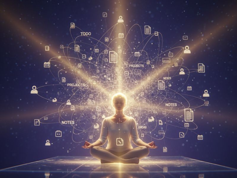 Person in meditation surrounded by glowing digital lines—depicting mindful productivity and intuitive workflow in Notion AI features."