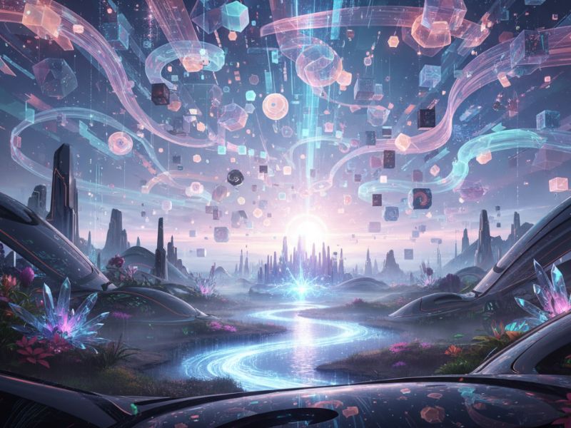 Futuristic cityscape with glowing pathways and floating cubes—evoking advanced creativity and visual storytelling enabled by Canva AI tools."