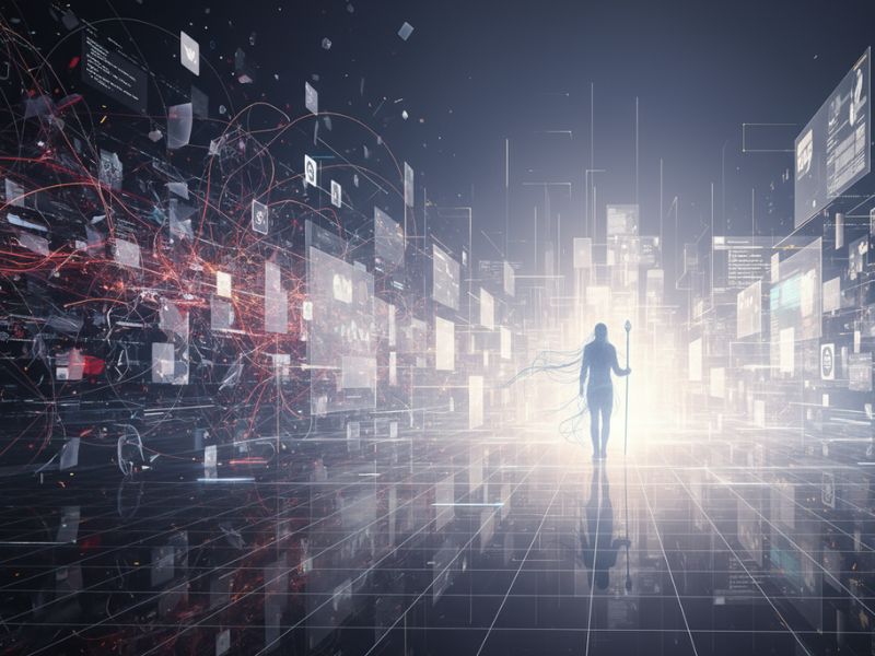 Figure navigating a futuristic corridor of floating data blocks—illustrating immersive task management and smart navigation in Notion AI features."