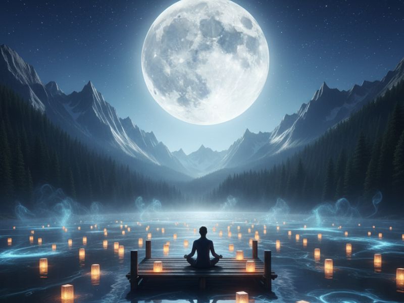 Two travelers embrace night time wellness on a moonlit dock surrounded by floating lanterns, with majestic mountains glowing under the full moon — a serene moment of moonlit travel and reflection.”