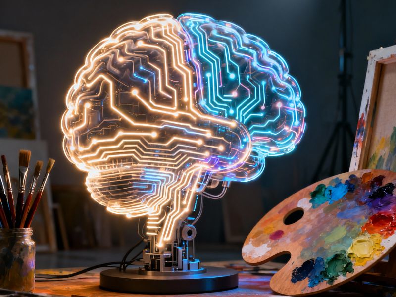 "Intricate glowing brain made of circuits beside a painter’s palette—depicting the fusion of artistic intuition and intelligent automation in Canva AI design."