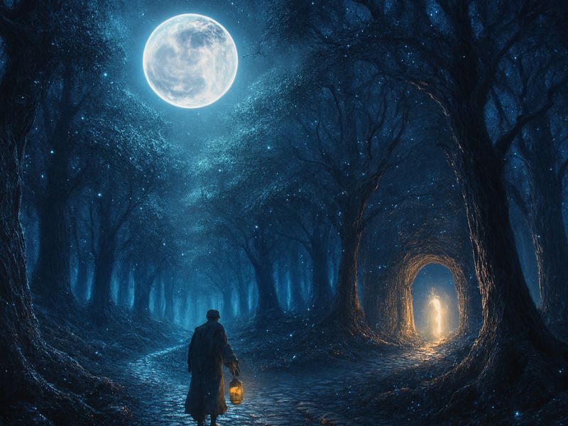 A lone figure journeys through a mystical forest bathed in moonlight, guided by glowing lights and a portal ahead — symbolizing moonlit travel as a path to inner peace and night time wellness.”