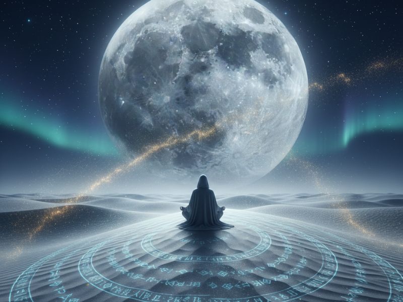 “A solitary traveler sits beneath a massive moon and comet-streaked sky, immersed in night time wellness and the surreal beauty of moonlit travel.”