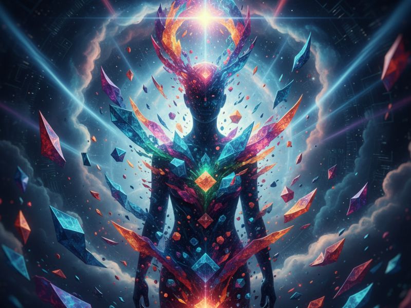 "Radiant humanoid figure immersed in geometric light—symbolizing digital identity and metaphysical transformation through Canva AI design."