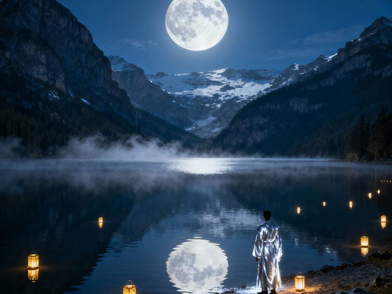 “A tranquil lake mirrors the full moon as mist rises from the surface, inviting quiet contemplation and moonlit travel as a gateway to night time wellness.”