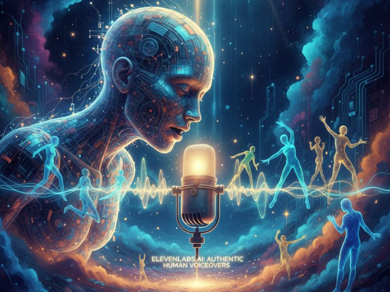 "Digital humanoid figure speaking into a glowing microphone with waveform background—symbolizing voice synthesis and emotional nuance explored in ElevenLabs AI review."