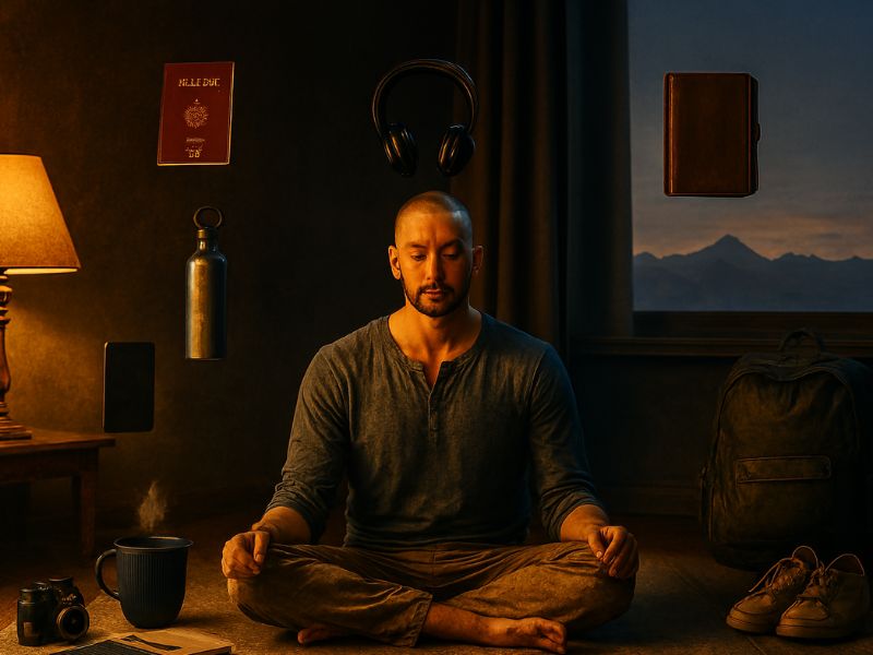 “A traveler meditates beside a suitcase and journal in a dimly lit room—symbolizing mindful preparation and travel organization tips rooted in intention and calm.”