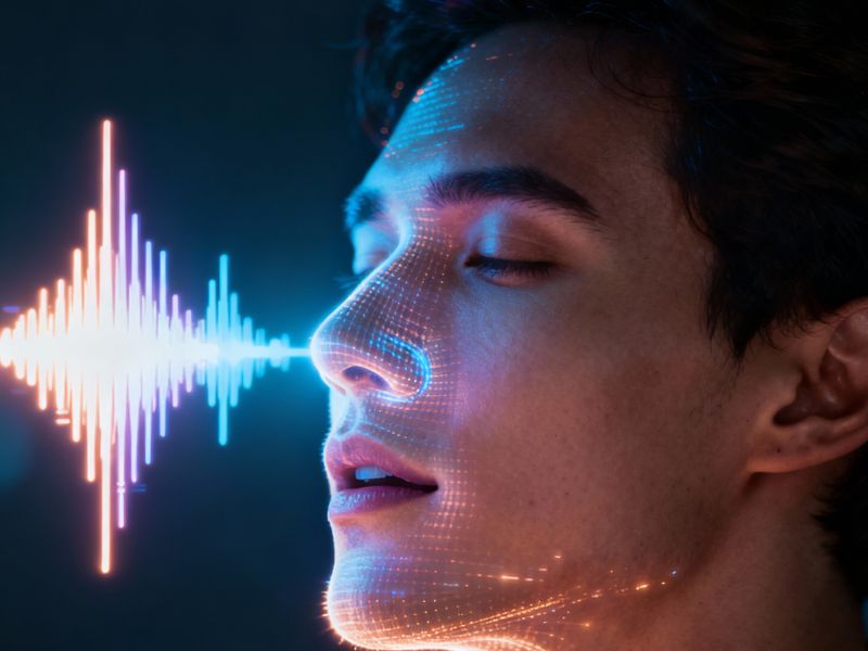 Close-up of serene face interacting with a soundwave—depicting audio processing and expressive voice modeling in ElevenLabs AI review."