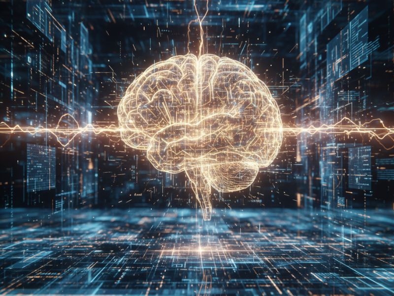 Radiant digital brain floating in a tech grid—symbolizing cognitive breakthroughs featured in this week’s AI news update."