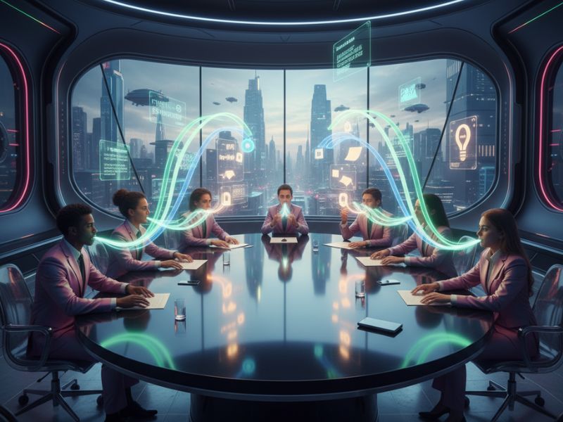 "Team interacting with holographic displays in a virtual meeting space—symbolizing collaborative summaries and smart highlights via Fathom meeting notes and AI meeting assistant."