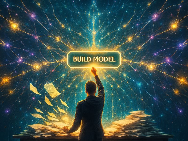 User activating a glowing “BUILD MODEL” button as vibrant neural pathways form around them, illustrating the instant impact and brilliance of AI modeling tools in action.