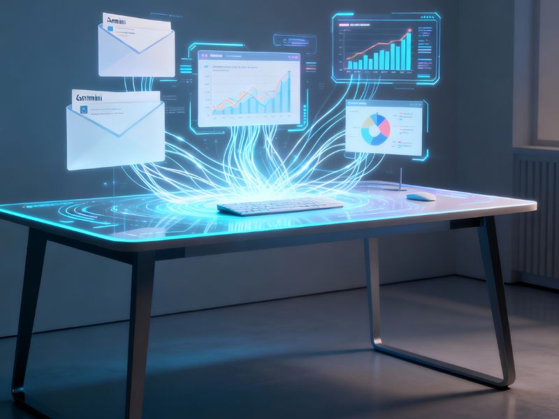 Google Gemini features visualized as a holographic workspace—charts, emails, and data flows projected in mid-air, showcasing seamless productivity and AI-powered organization.