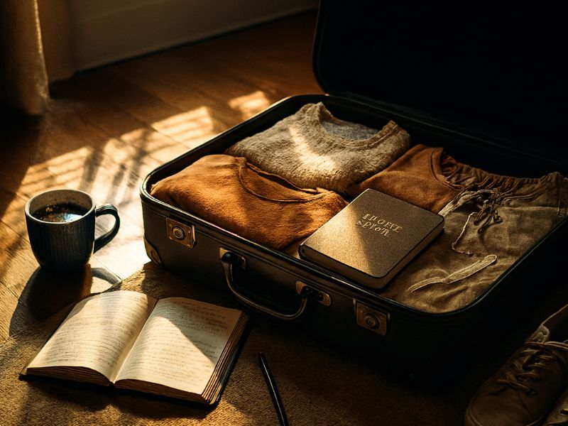 “An open suitcase filled with folded clothes glows under warm light—showcasing practical travel organization tips for stress-free packing.”