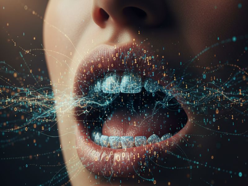 Abstract mouth emitting digital particles and lines—representing speech generation and emotional realism in ElevenLabs AI review."