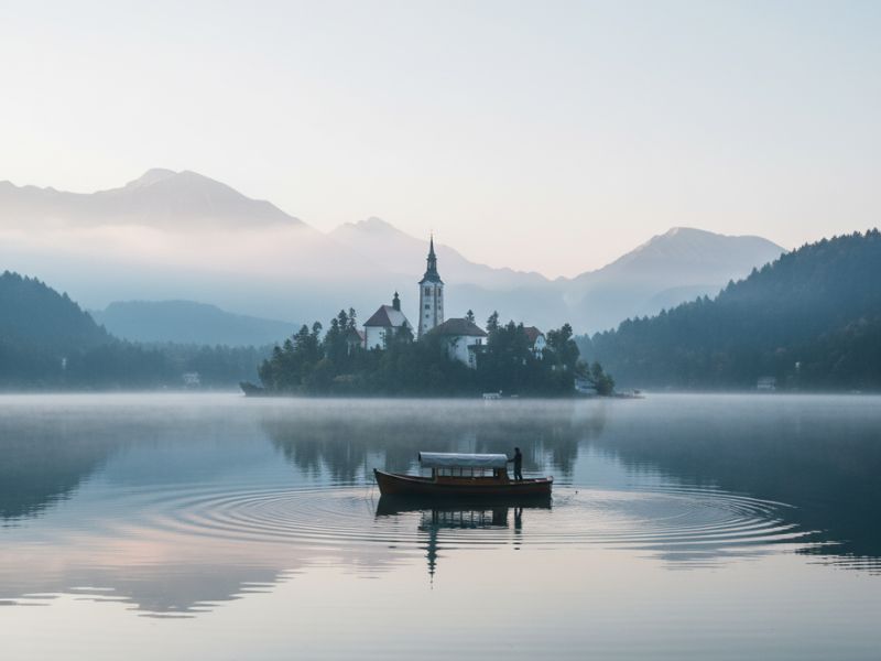 “A tranquil lake with a small island church surrounded by mountains—one of Europe’s hidden gems for self renewal, perfect for quiet reflection and soul-stirring boat rides.”
