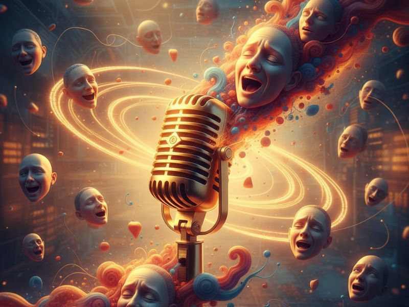 "Microphone surrounded by swirling digital elements and floating heads—illustrating voice cloning and human-AI interaction in ElevenLabs AI review."