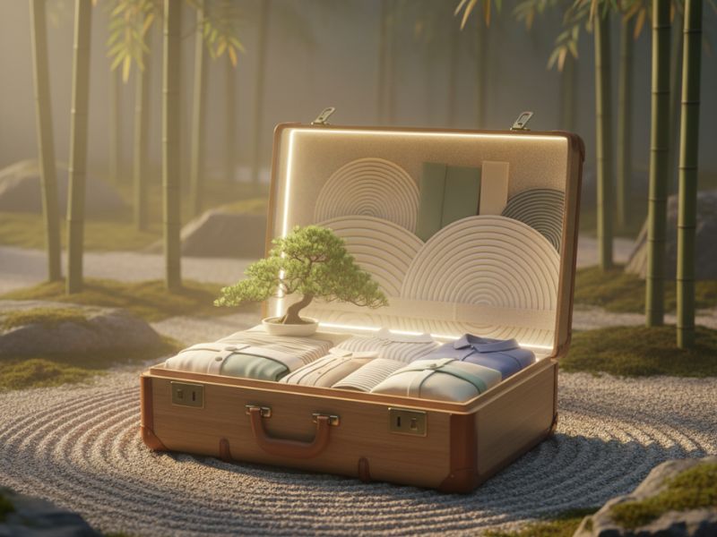 “A suitcase rests in a sunlit tropical setting with palm trees—highlighting travel organization tips for minimalist vacation prep.”
