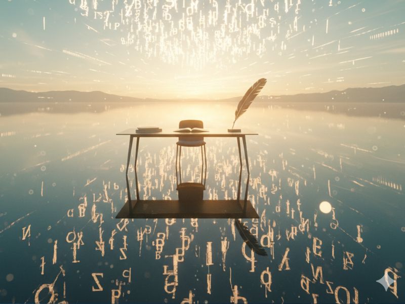 "Floating desk with glowing quill and book emitting luminous symbols—symbolizing idea generation, clarity, and intelligent writing assistance through Grammarly AI features."