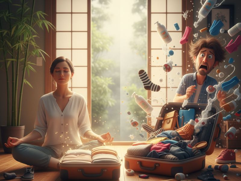 Two people sit indoors with a suitcase and books—capturing the emotional side of travel planning and thoughtful travel organization tips.”