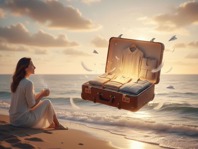 “A suitcase sits on a beach at sunset—symbolizing relaxed travel organization tips for romantic or solo getaways.”