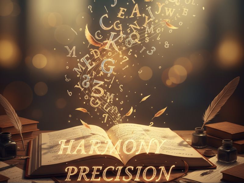 Open book radiating glowing letters with ‘HARVOW PRECISION’—representing accuracy, tone detection, and precision editing enabled by Grammarly AI features."