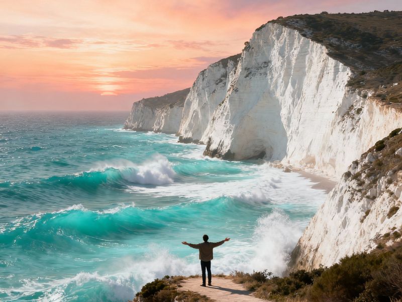“A lone traveler stands on white cliffs above crashing waves—an untamed hidden gem for self renewal where nature’s grandeur awakens inner clarity.”