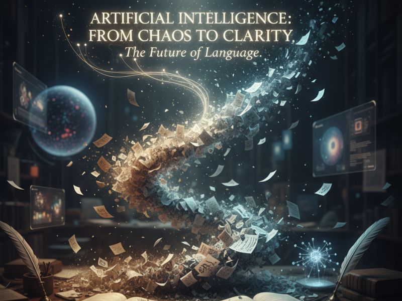 Glowing globe with swirling symbols and text ‘Artificial Intelligence: From Chaos to Clarity’—illustrating language transformation and clarity tools in Grammarly AI features."