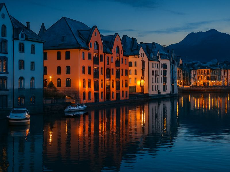 Colorful buildings glow along a peaceful waterfront at dusk—this charming town is a hidden gem for self renewal, blending architectural beauty with emotional calm.”