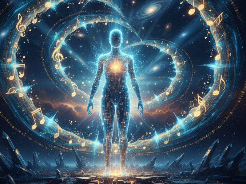 "Radiant human figure standing in a cosmic energy field—symbolizing emotional resonance and creative transcendence in AI music production."