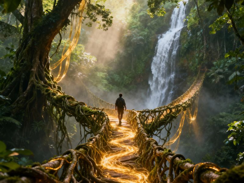 A mystical forest with glowing trails and waterfalls—an imaginative hidden gem for self renewal, where every step feels like a journey inward.”