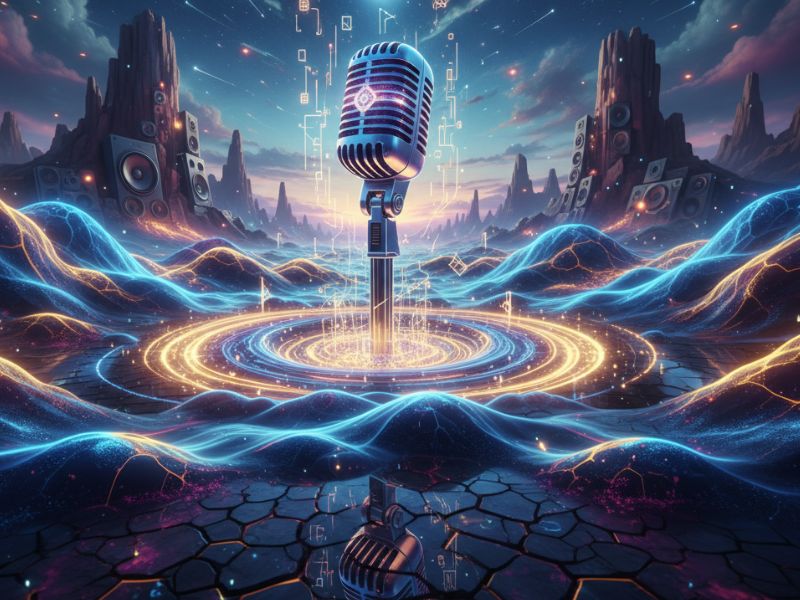"Futuristic microphone radiating electric energy against a cosmic backdrop—representing vocal synthesis and performance enhancement through AI music production."