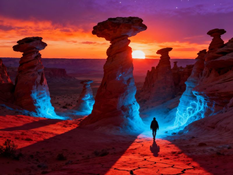 Two figures walk toward towering desert formations under a vibrant sunset—this surreal landscape is a hidden gem for self renewal, offering silence, space, and awe.”