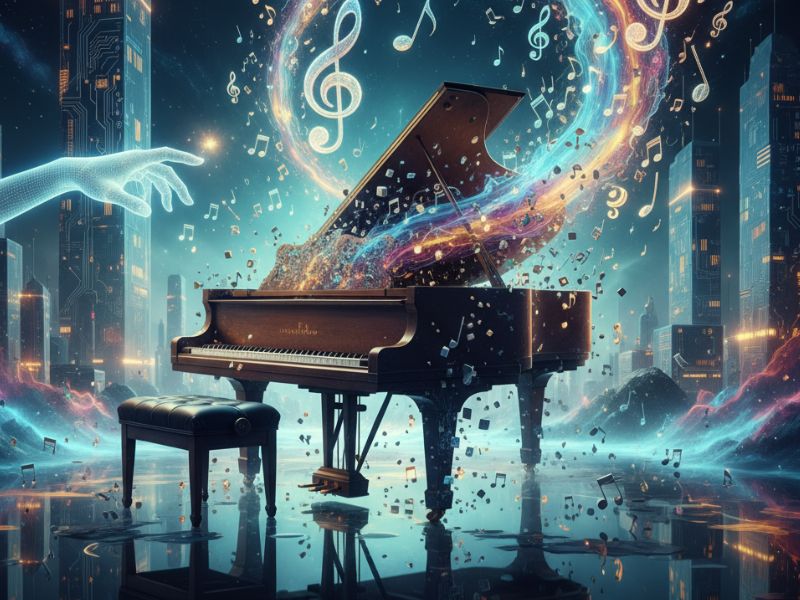 "Ethereal grand piano surrounded by glowing notes and light trails—evoking artistic beauty and melodic innovation in AI music production."