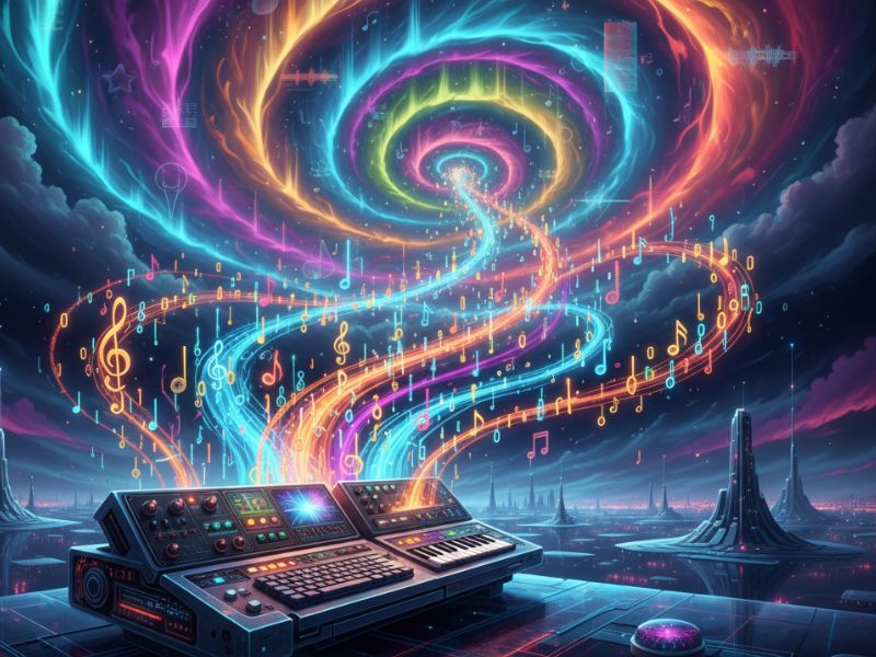 "Digital music setup with vibrant sound waves and abstract symbols—illustrating sound design and composition powered by AI music production."