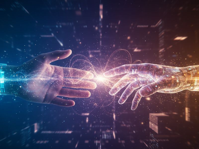Two glowing digital hands reaching toward each other—symbolizing human connection and the transformative power of Claude AI writing in bridging emotion and technology."