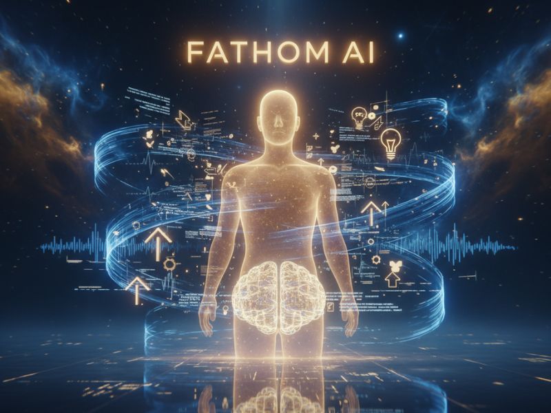 Glowing digital figure surrounded by data elements labeled 'FATHOM AI'—representing intelligent note-taking and voice analysis through AI meeting assistant and Fathom meeting notes."
