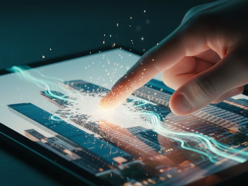 Close-up of a hand engaging with futuristic touchscreen data, representing AI photo enhancement transforming real-world visuals into digital perfection.”