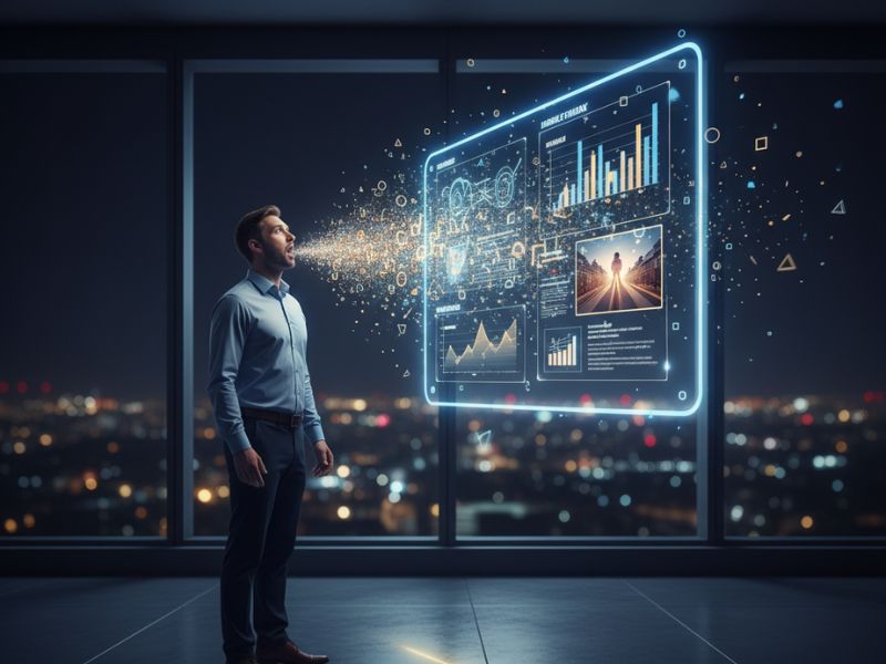 Individual engaging with a glowing digital dashboard of charts, graphs, and images — symbolizing the intuitive interface of a presentation AI tool for seamless content creation and data visualization