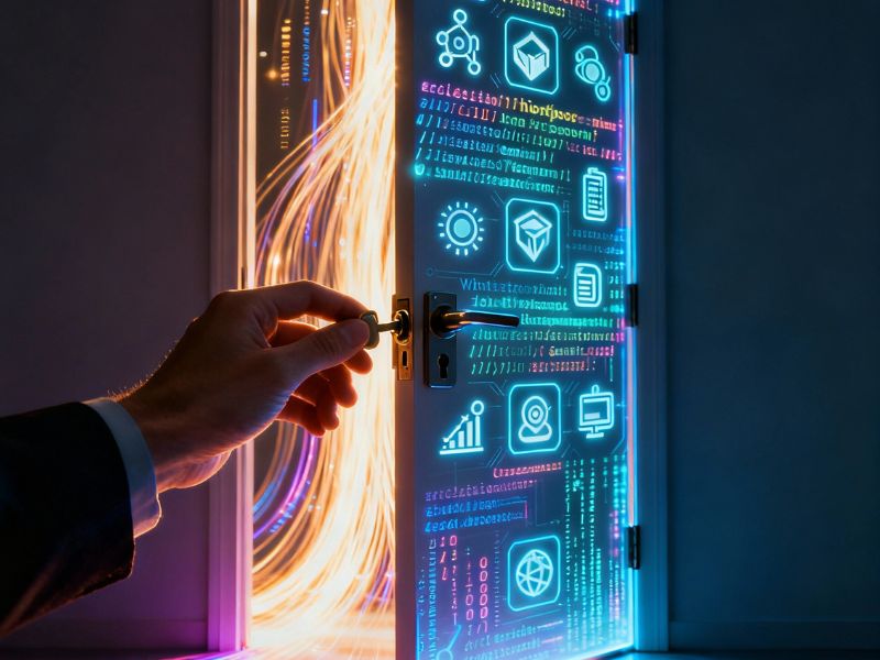 Unlocking Google Gemini features—hand opens a glowing digital gateway filled with icons for cloud storage, security, and smart communication, symbolizing access to next-gen AI capabilities