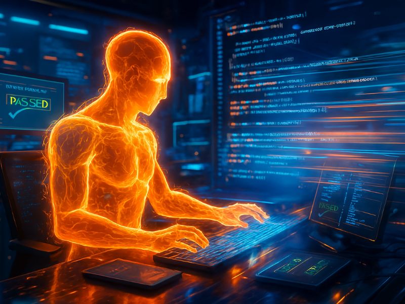 A radiant orange AI figure interacts with holographic code streams—capturing the speed, precision, and intelligence of automated testing AI in a futuristic workspace.”