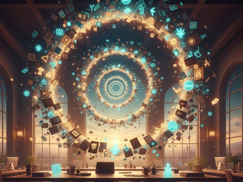 Futuristic glowing portal encircled by high-tech machinery—symbolizing immersive storytelling and dynamic slide generation through Tome AI creation."