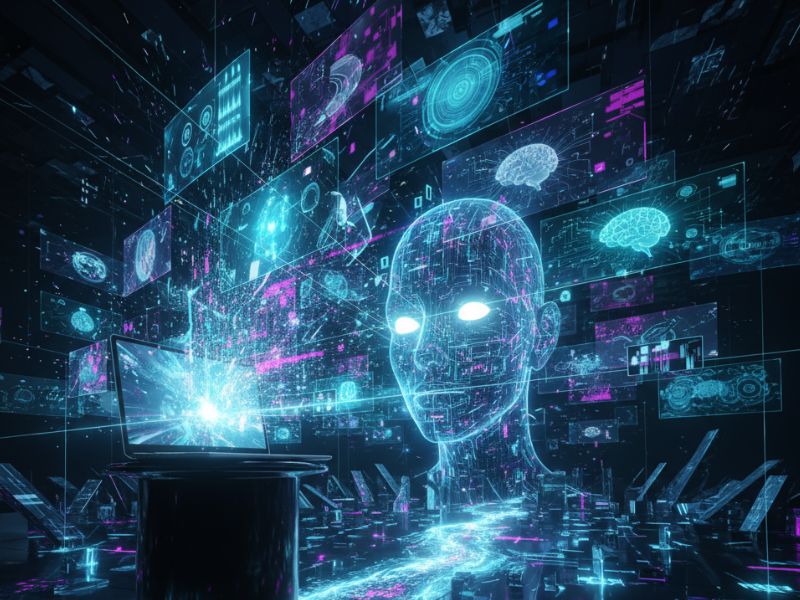 "Glowing digital head composed of blue data lines against server backdrop—representing intelligent content structuring and idea mapping via Tome AI creation."