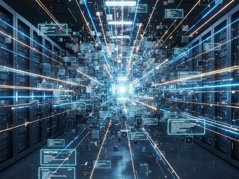 : “A dense network of glowing data blocks converges toward a radiant center—representing the complexity and precision of AI data labelling in high-volume digital ecosystems.”